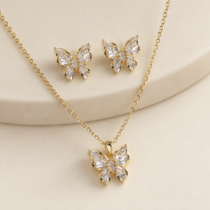 Crystal Butterfly Chain Pendant with Earrings